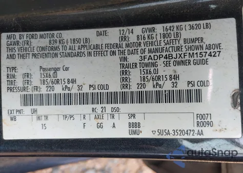 2015 Ford Fiesta Se from USA, damaged, VIN 3FADP4BJXFM157427